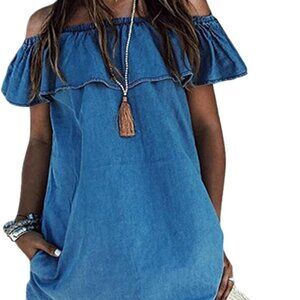 Women's Denim Mini Dress Off Shoulder Ruffle Short Sleeve Casual Summer